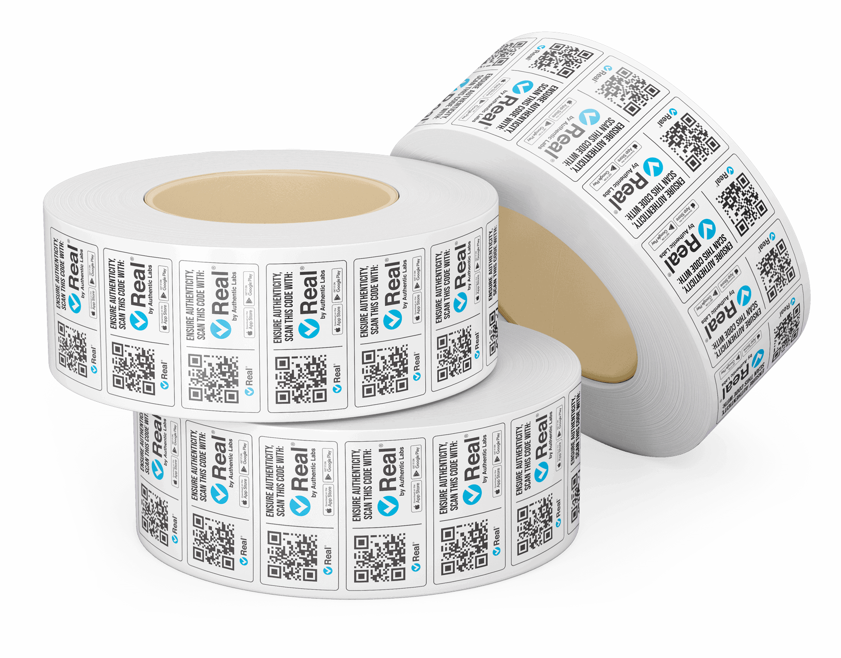 Rolls of printed and ready-to-apply Real® labels