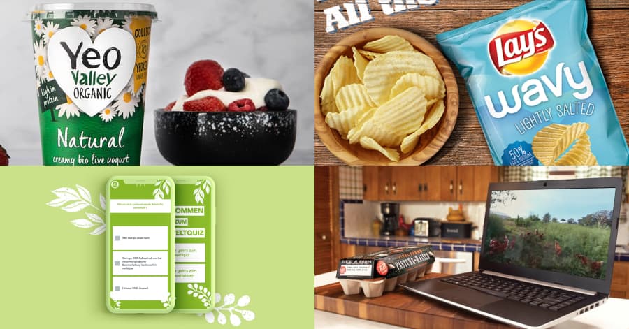images of yogurt, potato chips, a smart phone, and an egg carton
